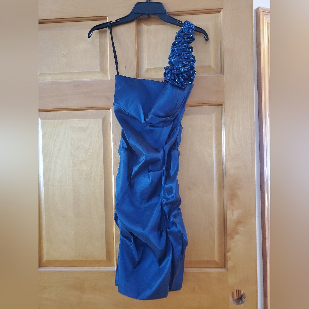 Blondie Nites Dress Blue Mini Satin Rhinestone Jr Size 5